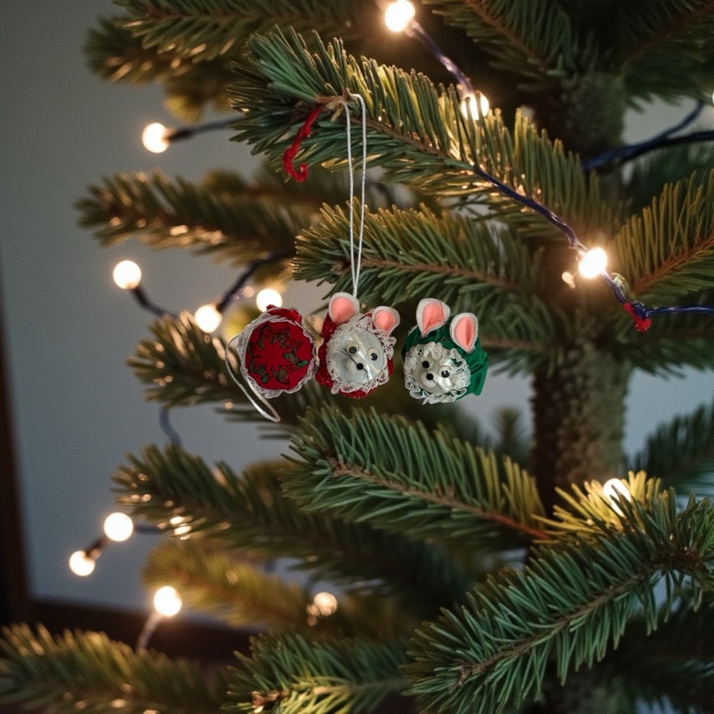 Lot Of Three Vintage Handmade Christmas Ornaments Two Mice One Quilted Ball
